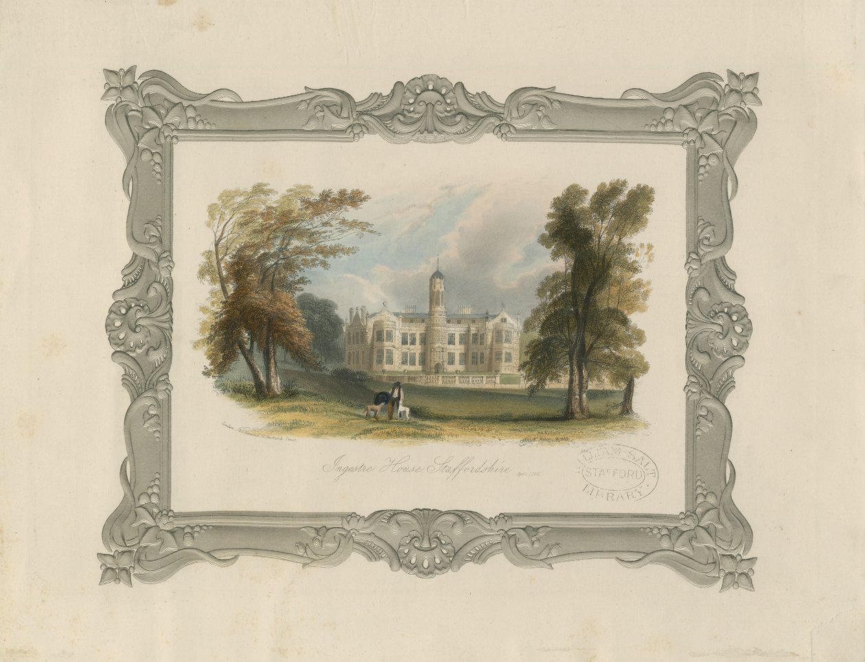 Ingestre Hall (staalgravure, handgekleurd) door School English