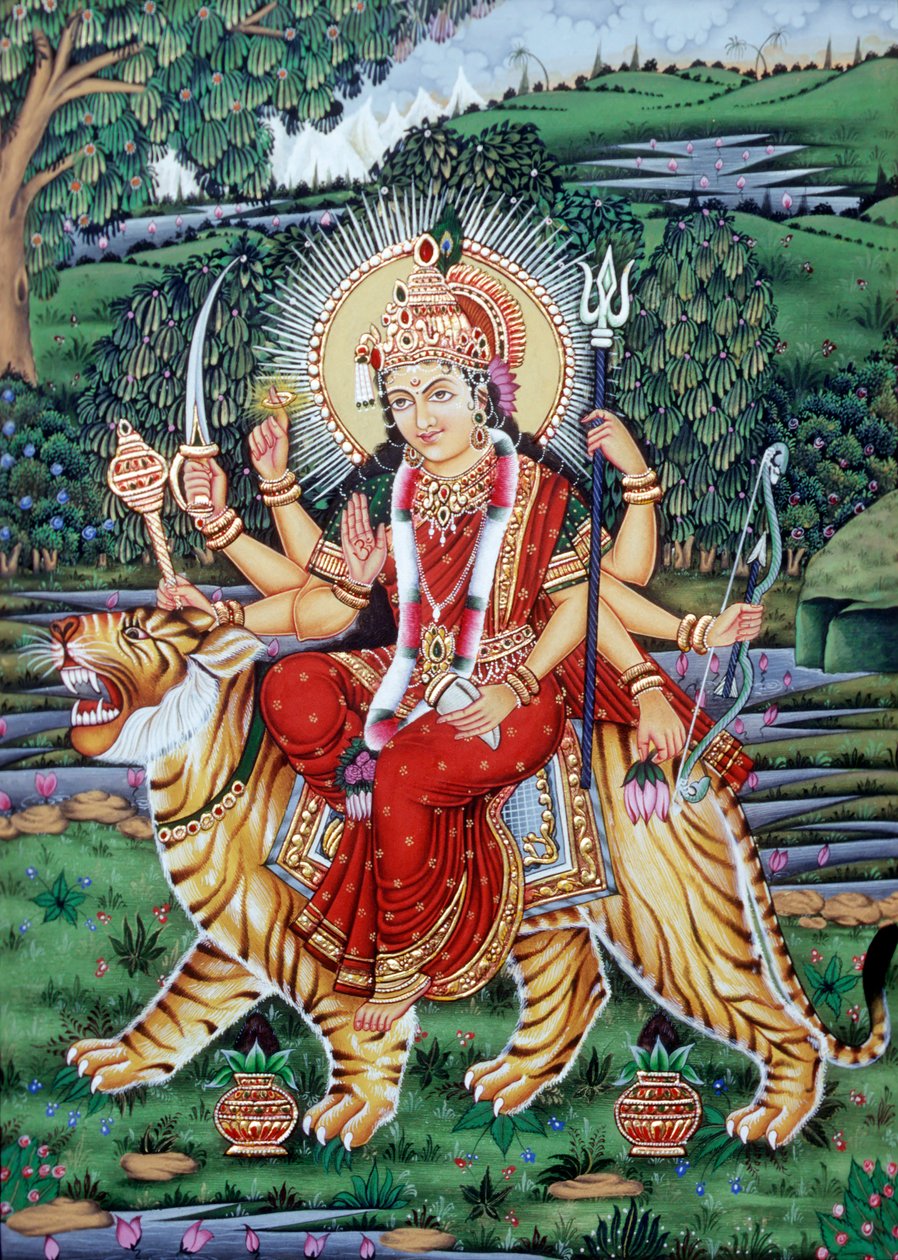 Godin Durga Miniatuurschilderij door School Indian