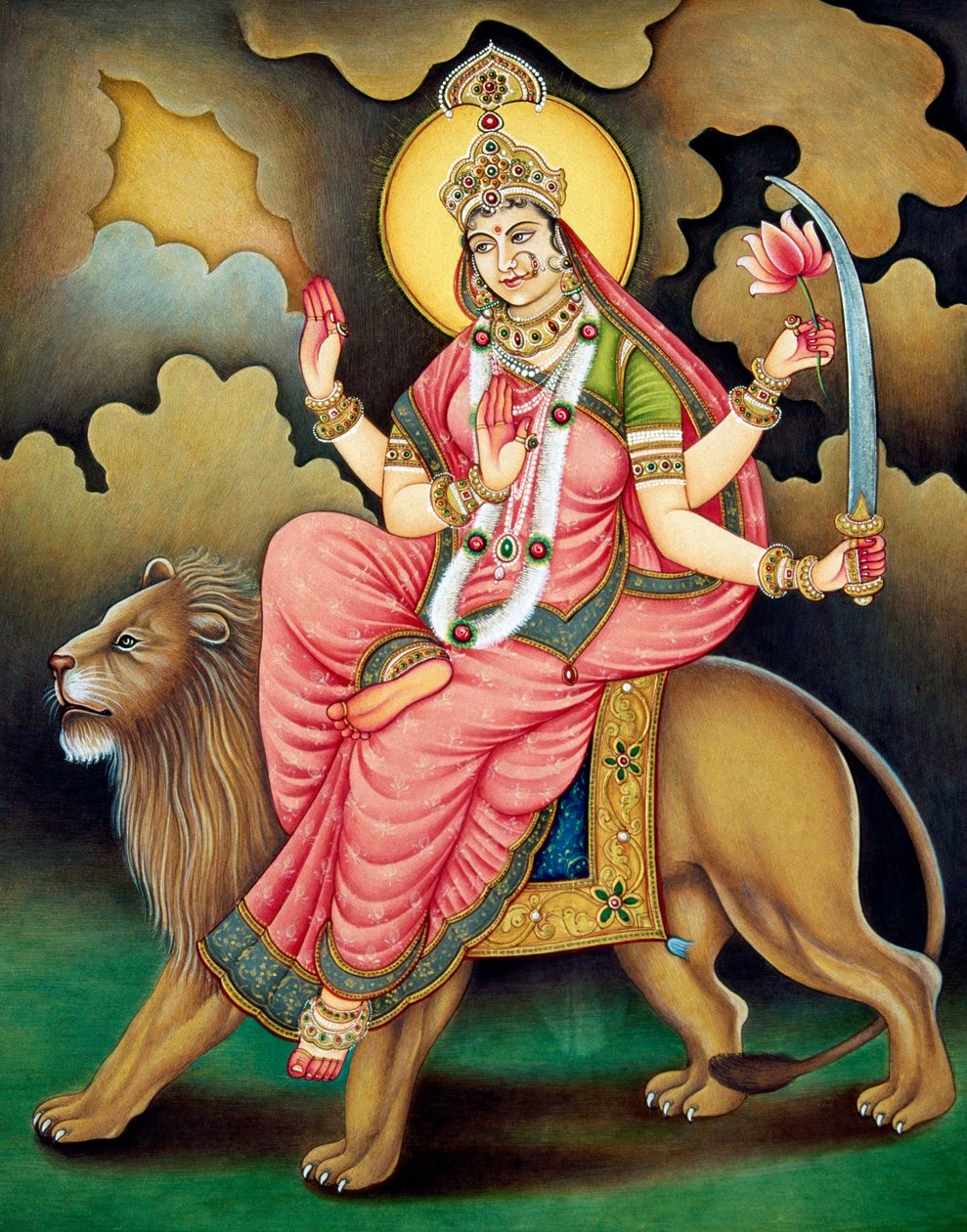 Godin Durga miniatuurschilderij op papier door School Indian