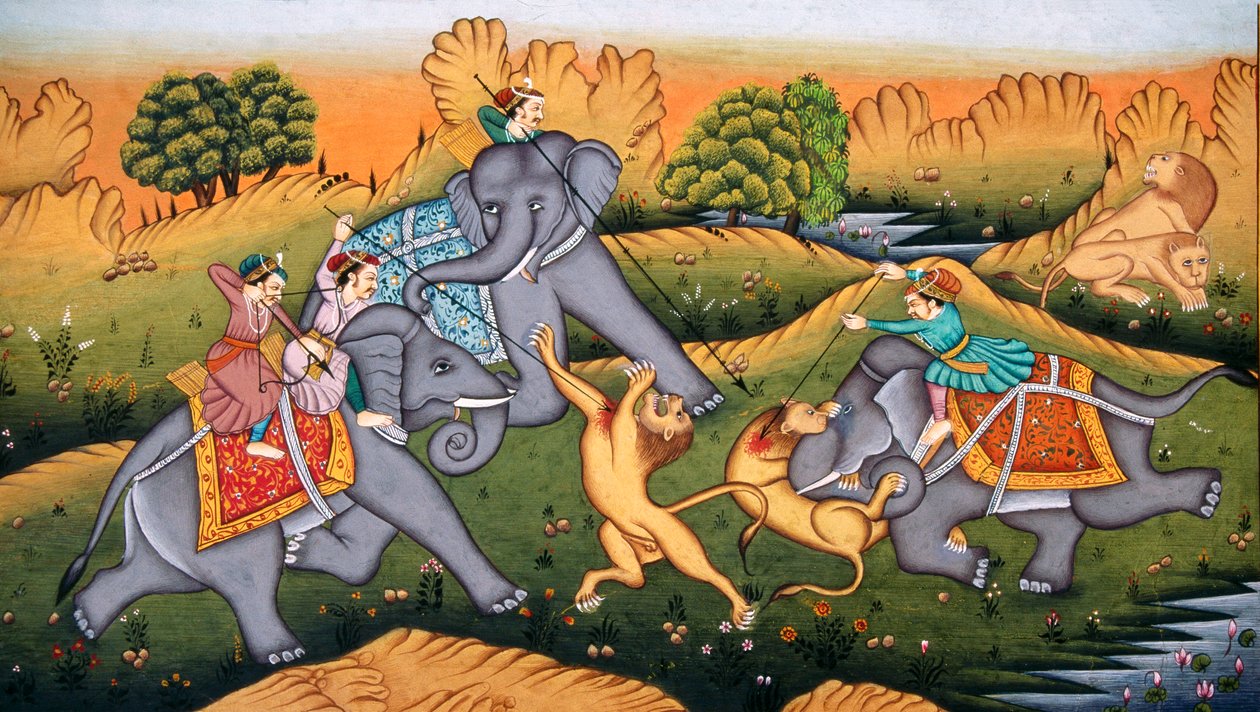 Jacht op tijgers op miniatuurschilderij op papier door School Indian
