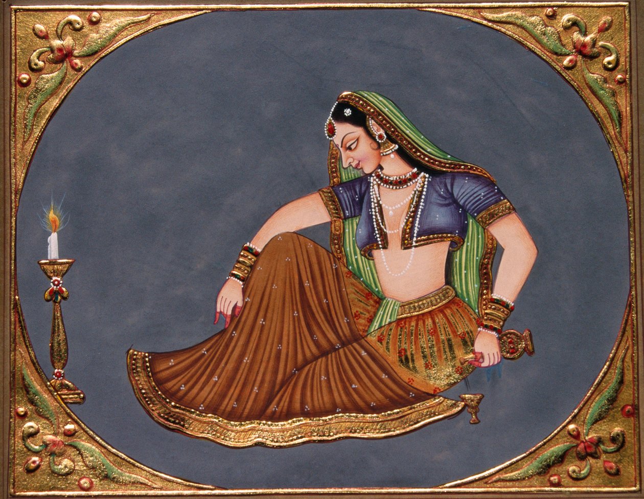 Dame geniet van drankje miniatuurschilderij op papier door School Indian