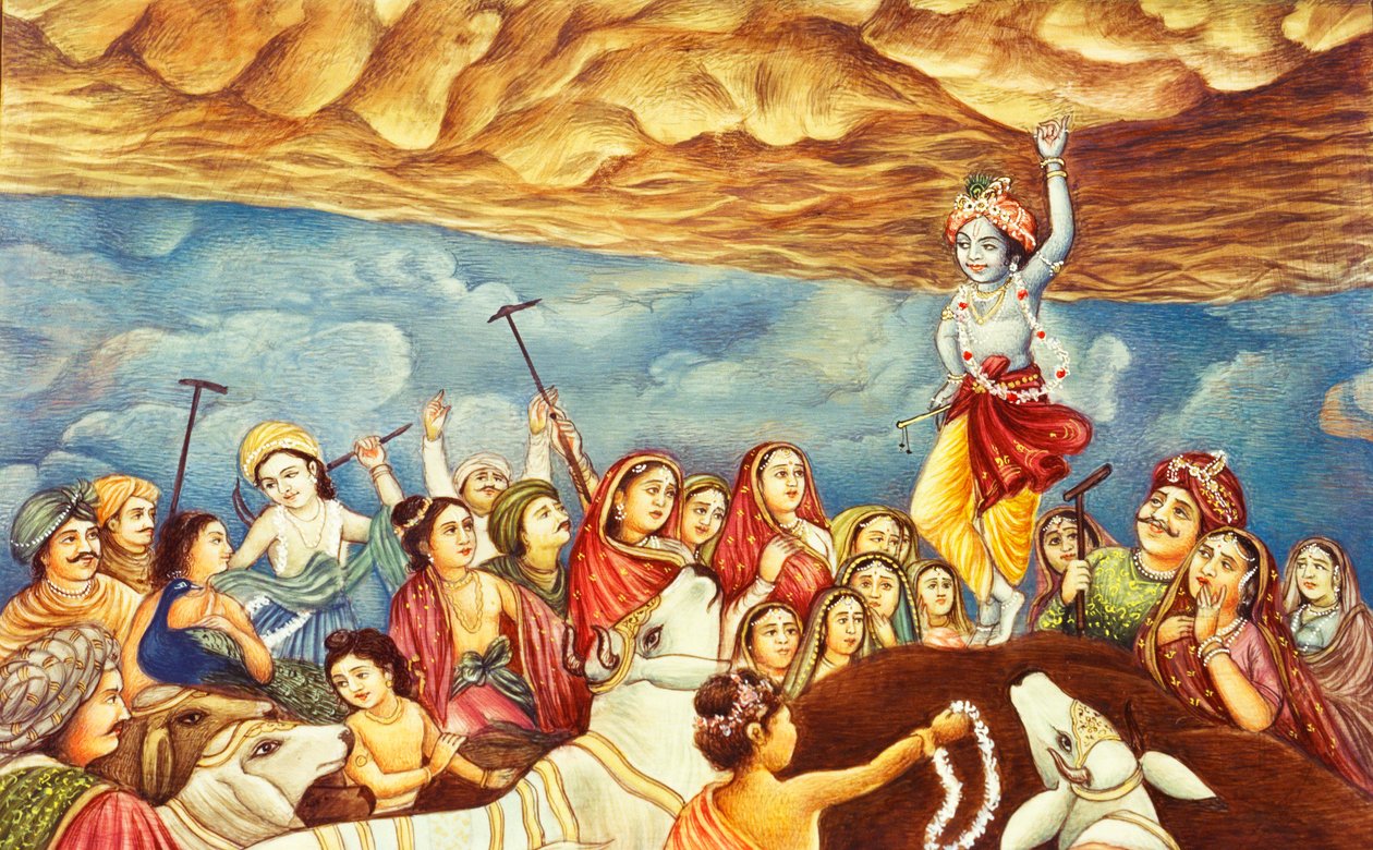 Heer Krishna tilt een berg op Miniatuurschilderij door School Indian