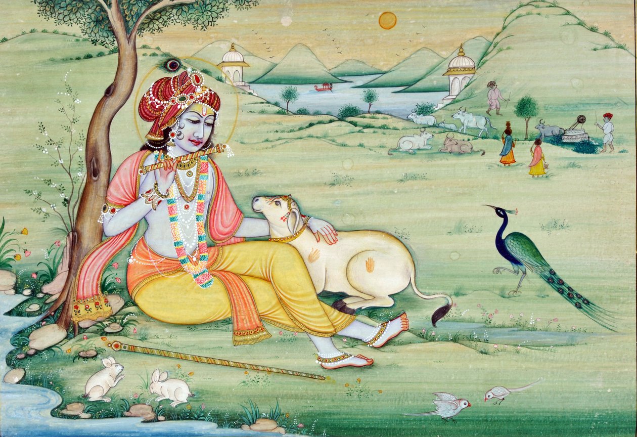 Miniatuurschilderij van Krishna die fluit speelt door School Indian