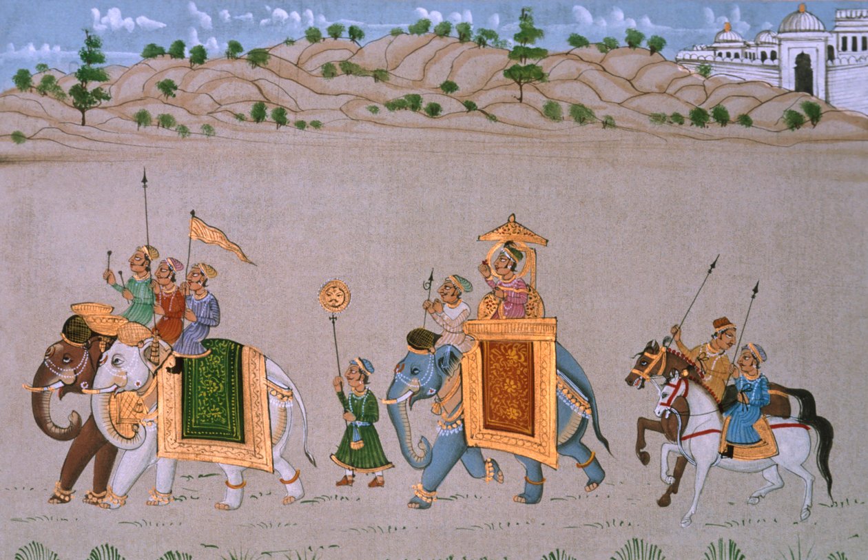 Miniatuurschilderij op zijde, koninklijke processie door School Indian