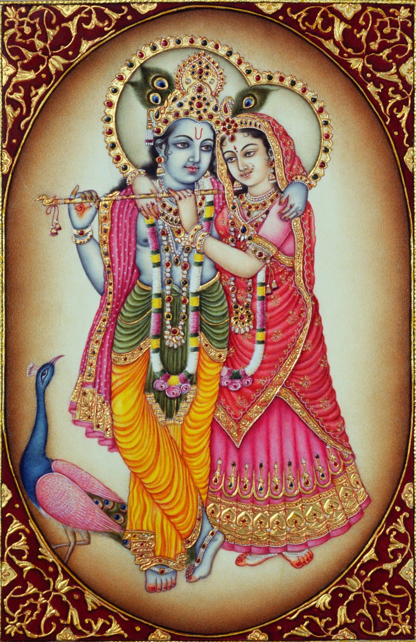 Radha Krishna miniatuurschilderij op ivoor door School Indian