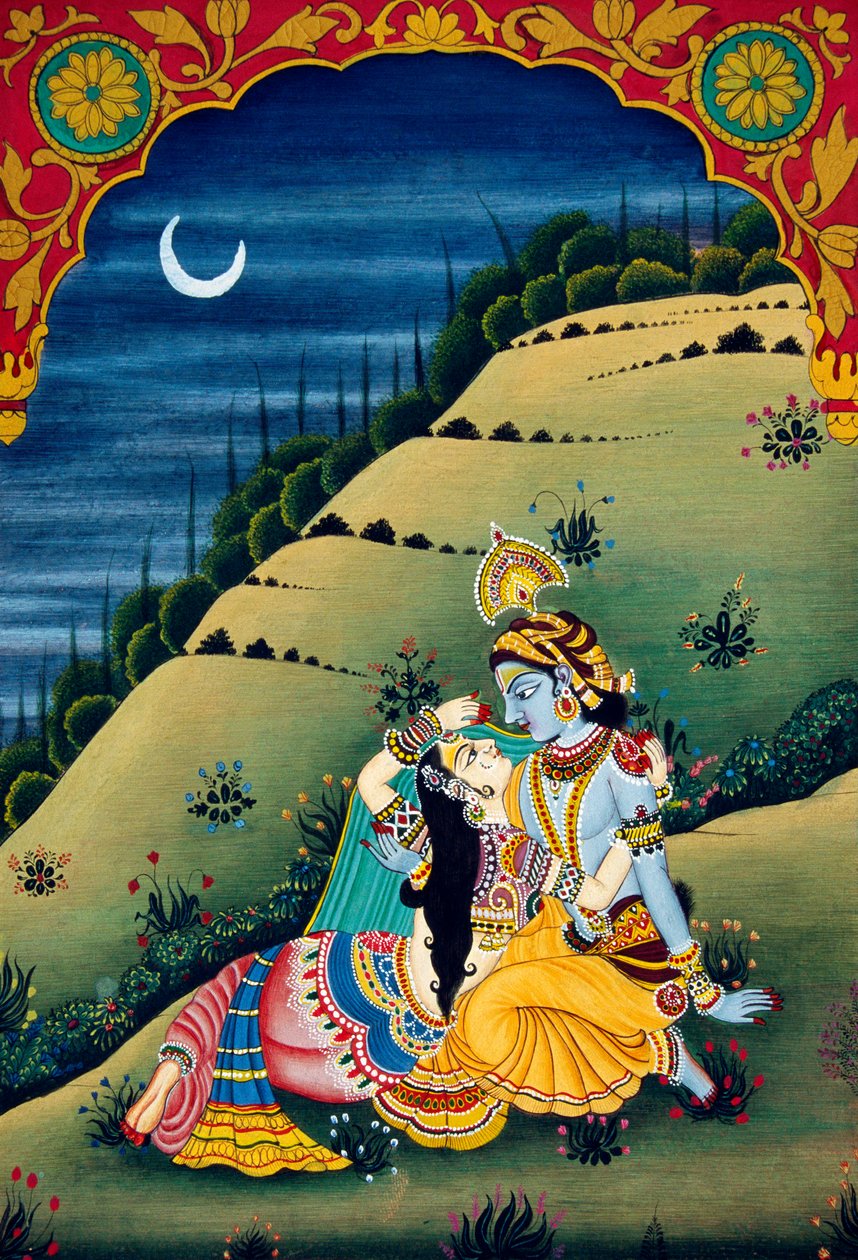 Radha Krishna Miniatuurschilderij op papier door School Indian