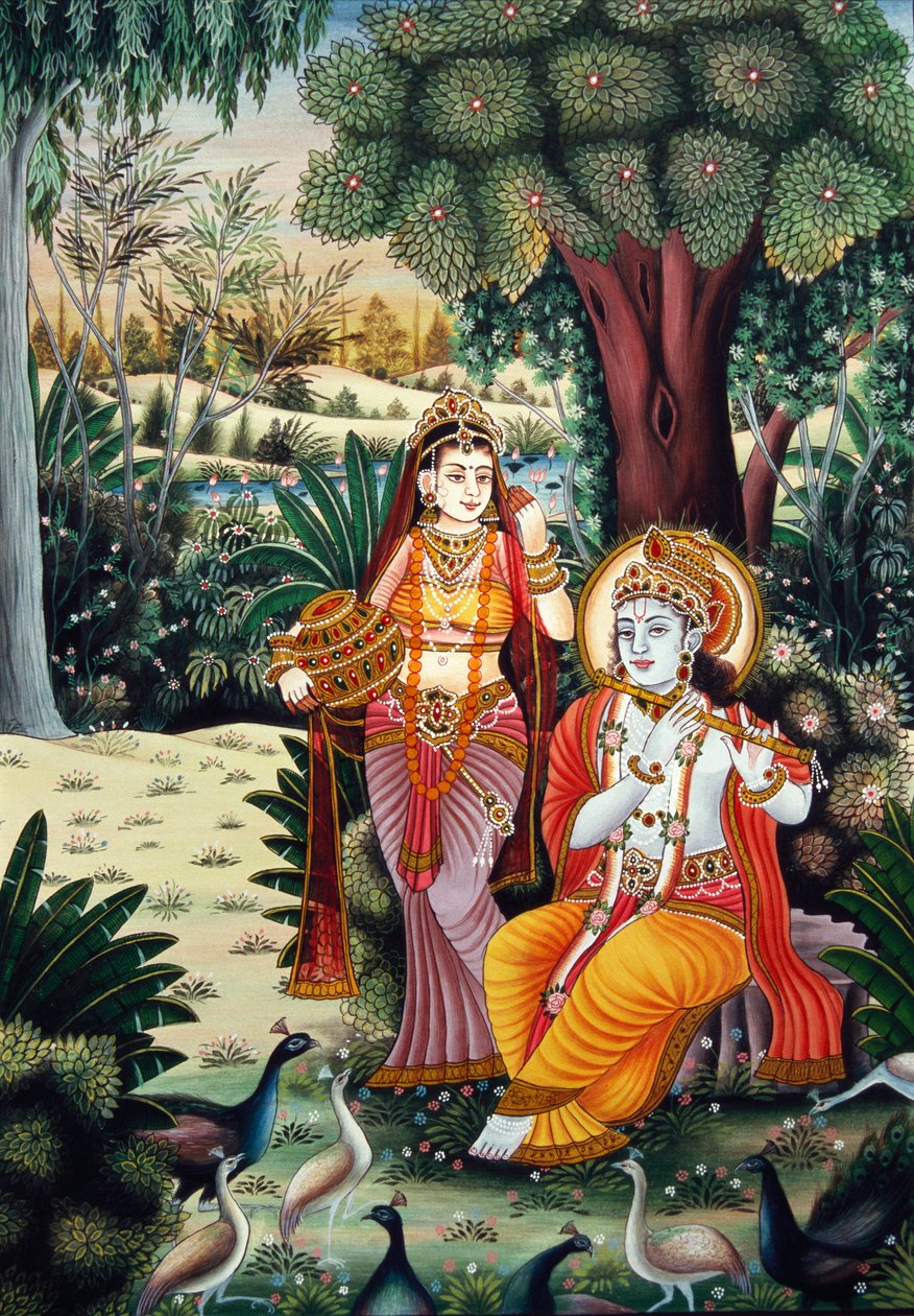 Radha Krishna miniatuurschilderij op papier door School Indian