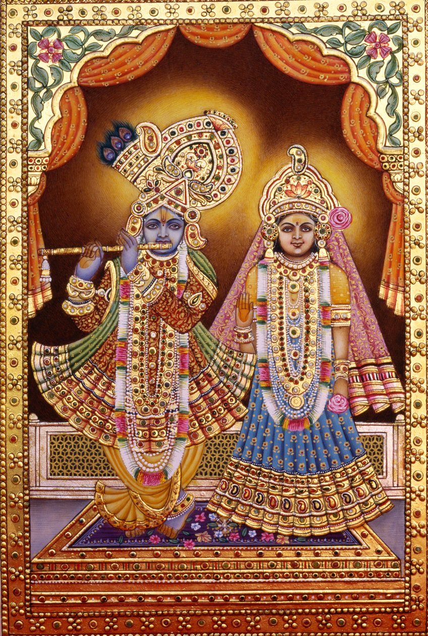 Radha Krishna met gouden reliëf door School Indian
