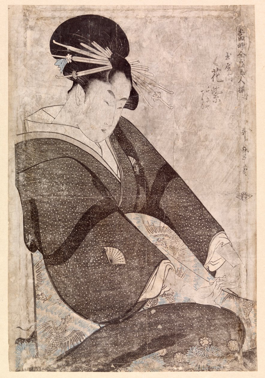 Zittende Japanse vrouw (kleur houtsnede) door School Japanese