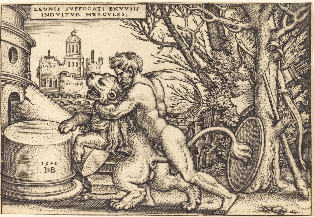 Hercules doodt de Nemeïsche leeuw door Sebald Beham