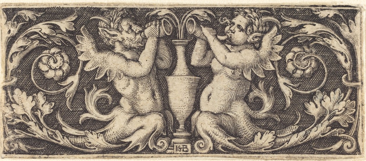 Ornament met tritons die hoorns blazen door Sebald Beham