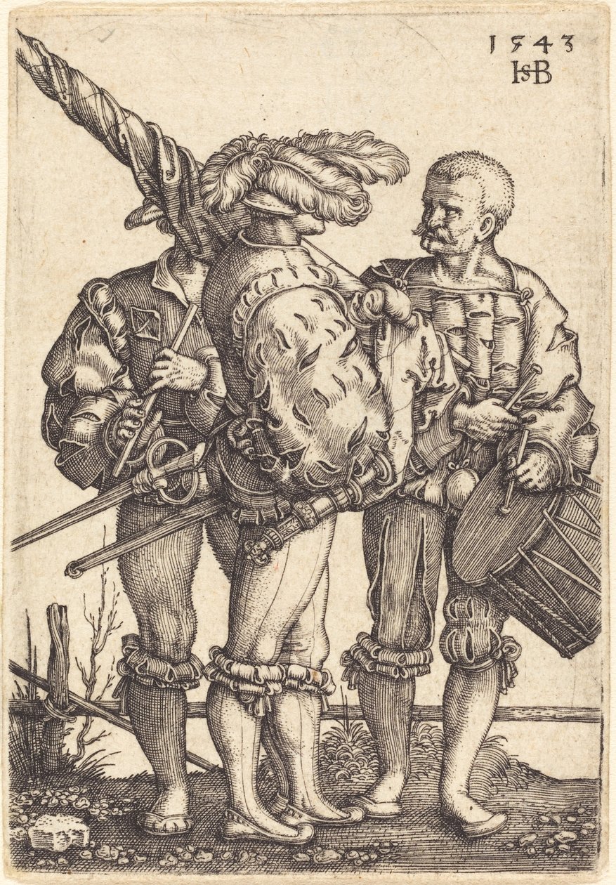 Vaandeldrager, trommelaar en pijper door Sebald Beham