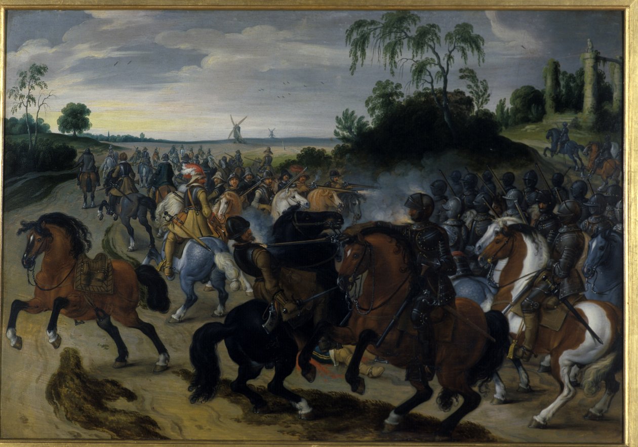 Cavalerie in gevecht aan de voet van een heuvel door Sebastian Vrancx