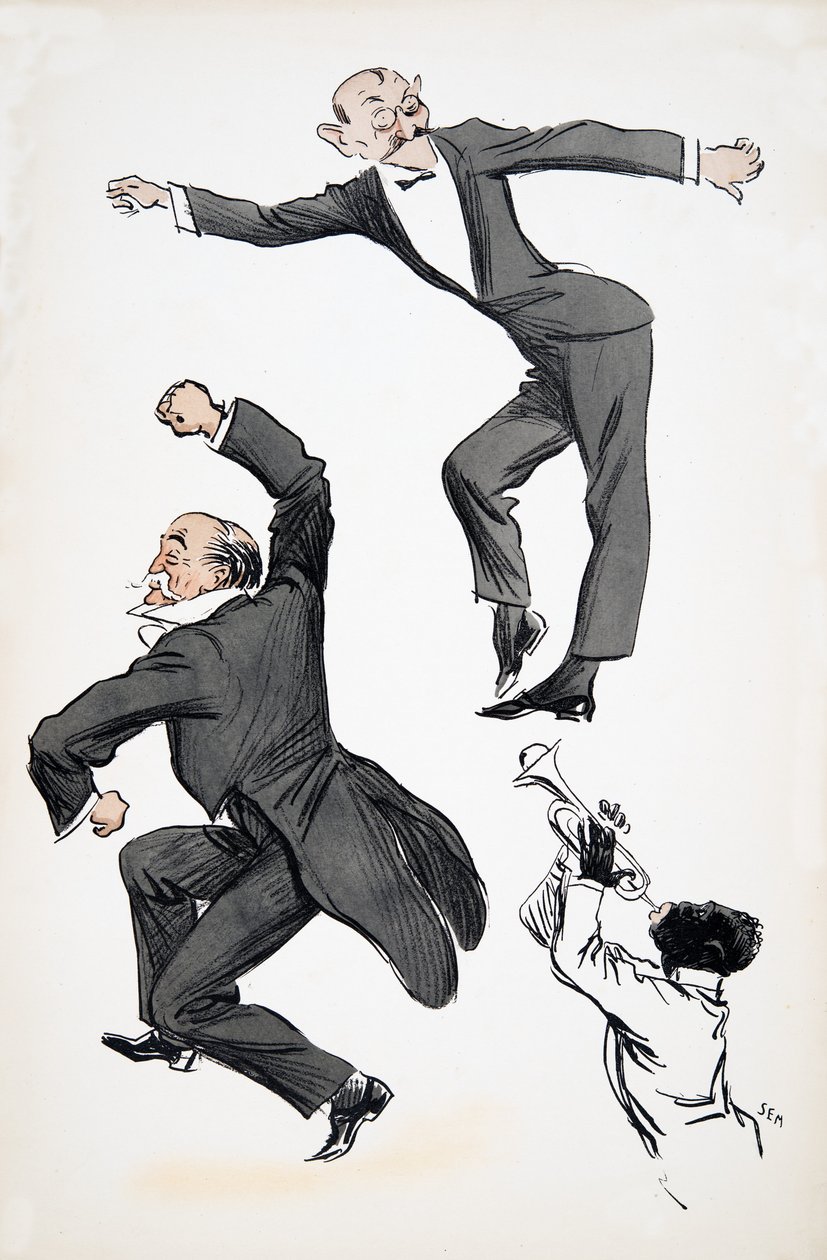 Oudere heer in rokkostuum en jongere heer in zwarte stropdas dansen op een muzikant die trompet speelt, uit White Bottoms, uitgegeven 1927 door Sem