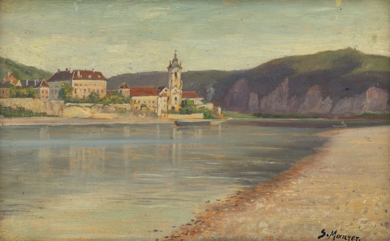 Uitzicht op Dürnstein vanaf de overkant van de Donau door Serafin Maurer