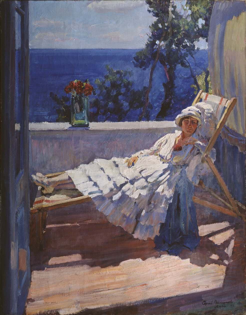 Een dame op het balkon, 1916 door Sergei Arsenevich Vinogradov