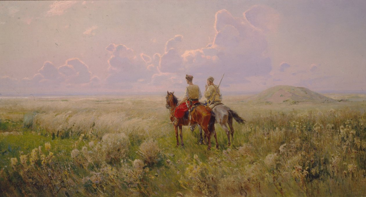 Kozakken in de Steppe, 1900s door Sergei Ivanovich Vasilkovsky