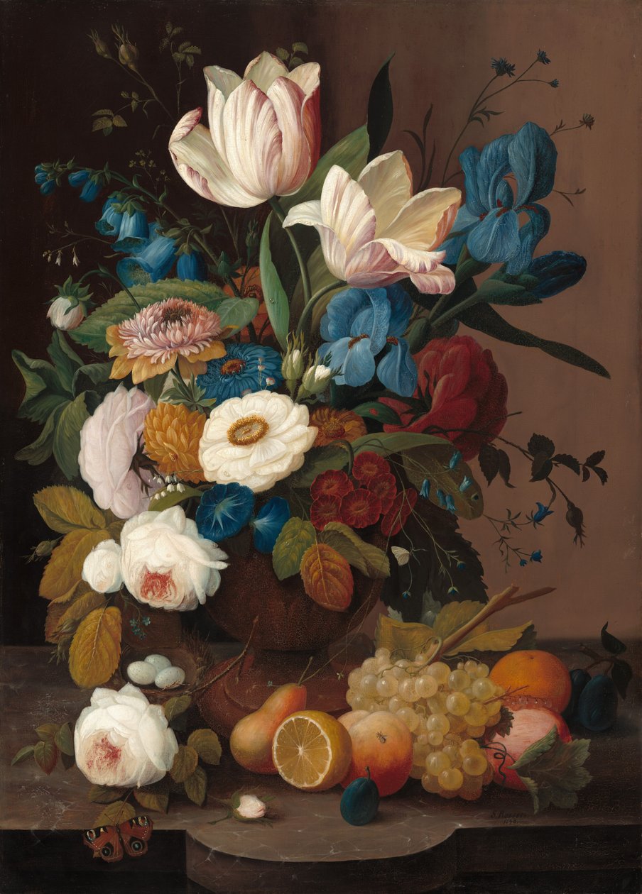 Stilleven, bloemen en fruit door Severin Roesen
