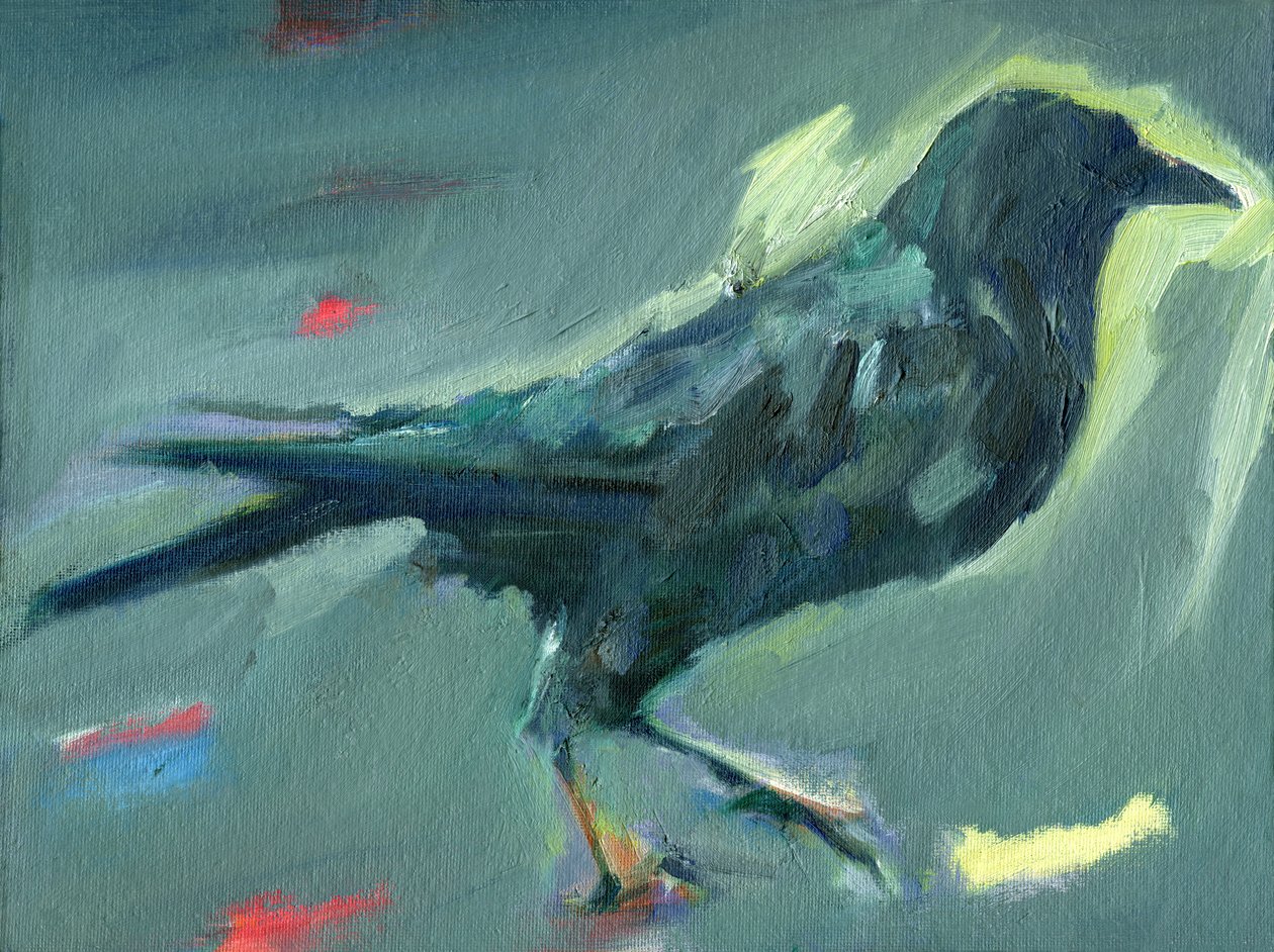 Wandelende kraai, 2024 (olieverf op canvasboard) door Shaun Carey