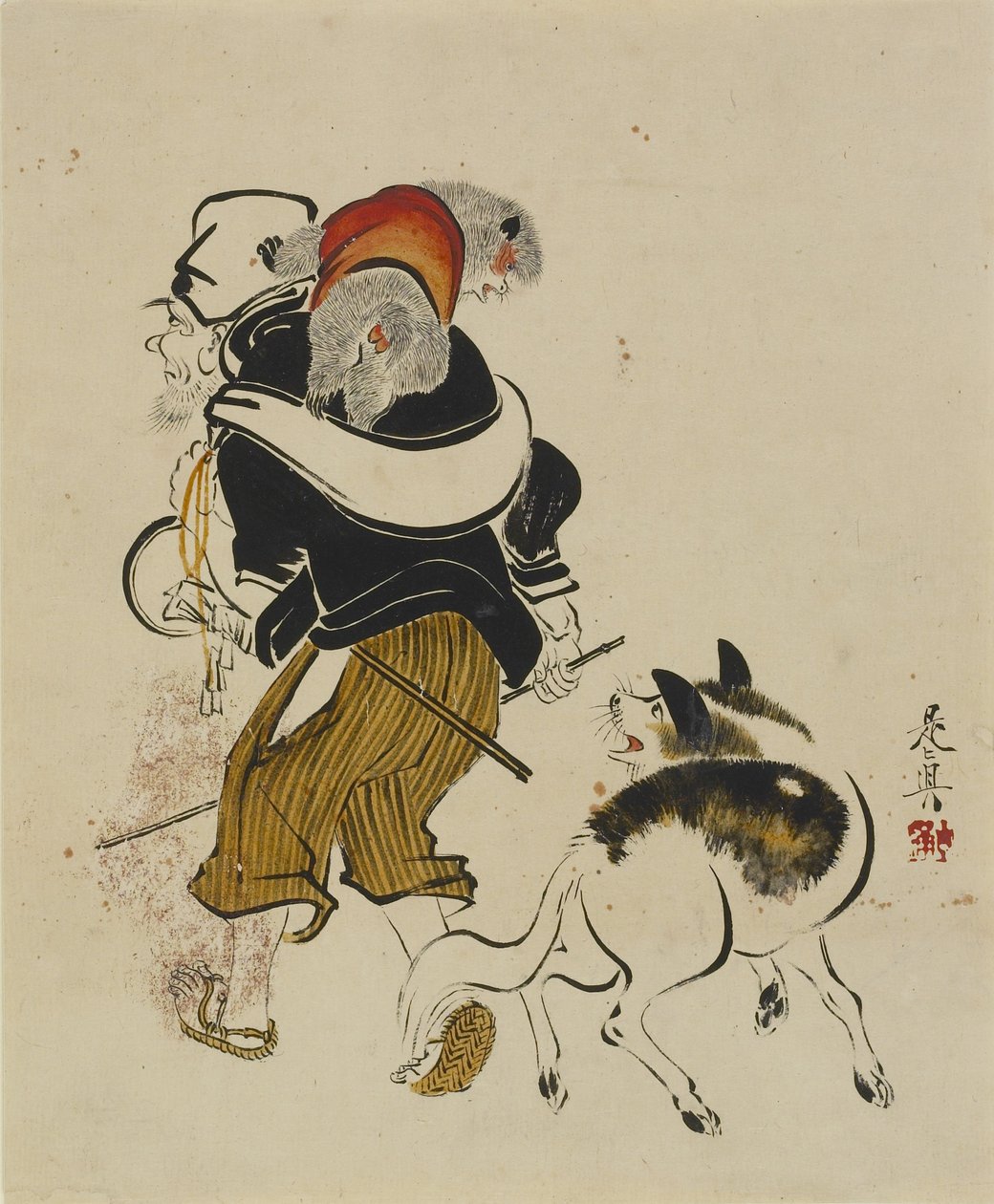 (Aaptrainer en Hond), midden tot laat 19e eeuw door Shibata Zeshin