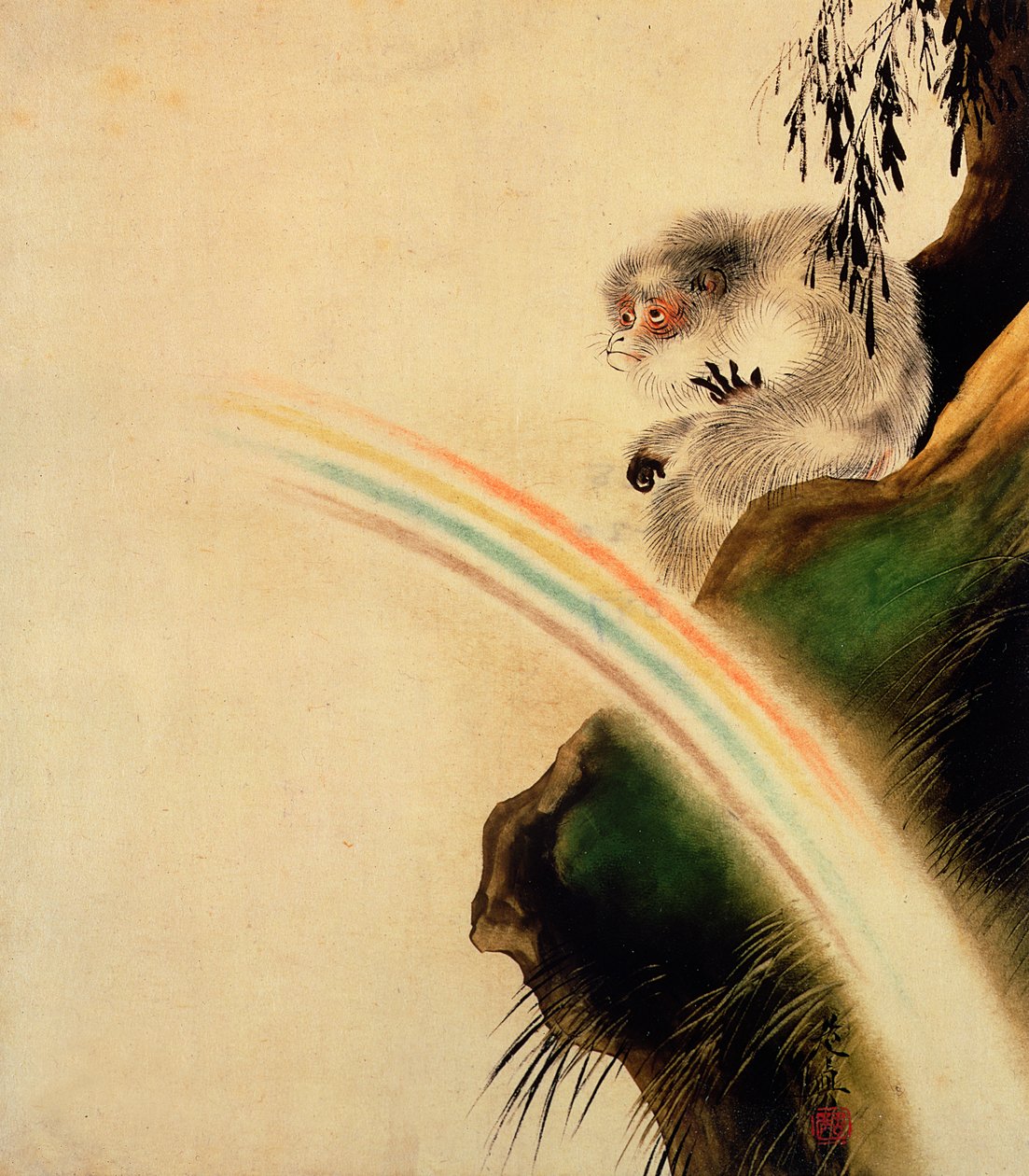 Gibbon zittend op een rots met regenboog op de voorgrond door Shibata Zeshin