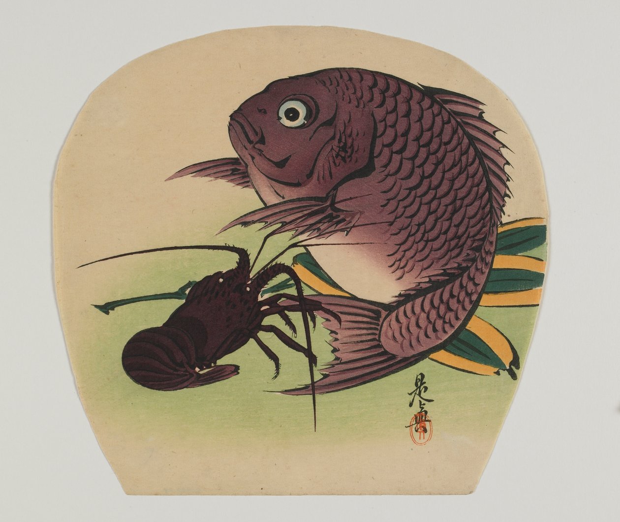 Print voor een uchiwa; karper en kreeft, Meiji-periode, eind 19e eeuw door Shibata Zeshin