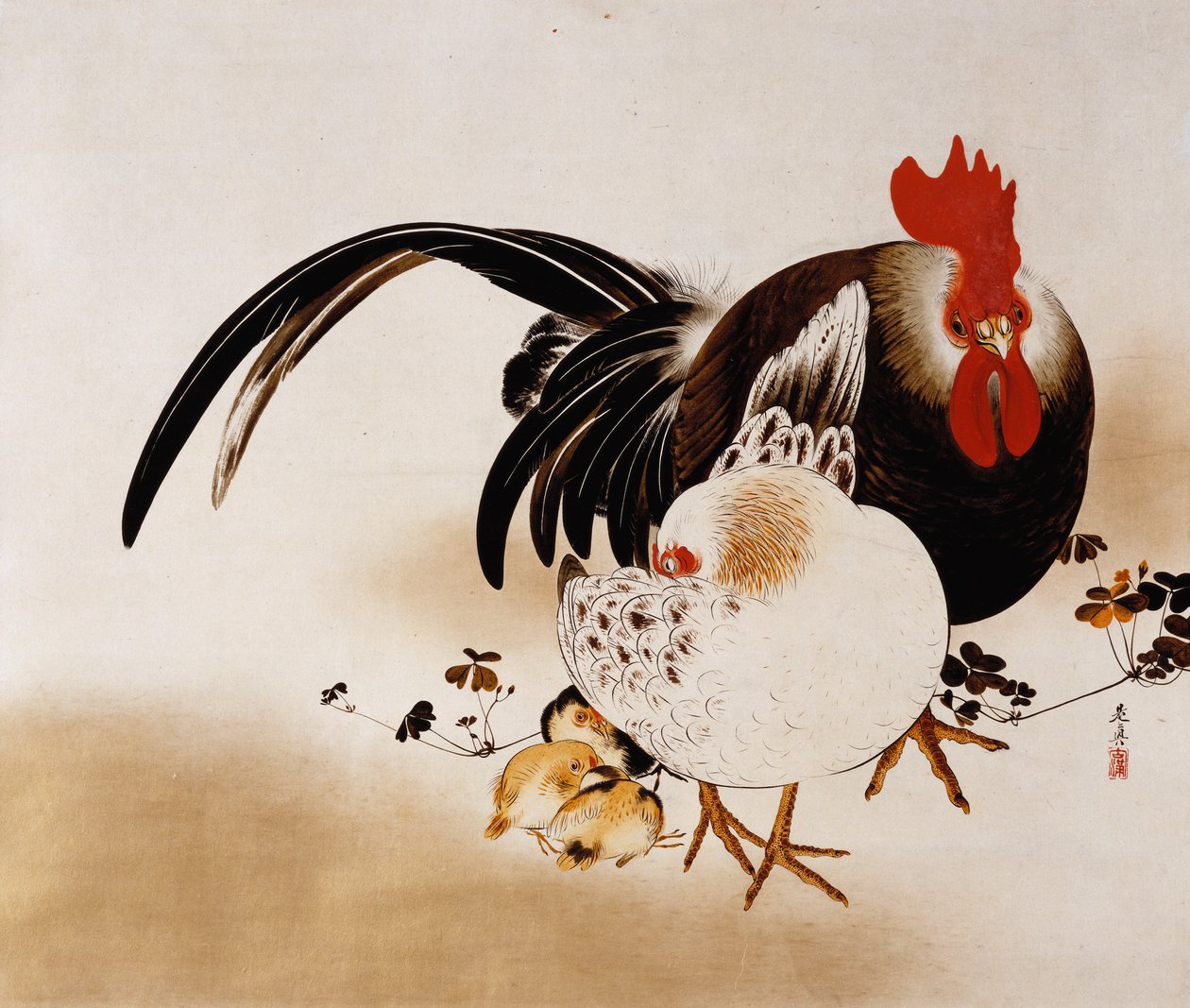 Haan, Hen en Kuikens, 1892 door Shibata Zeshin