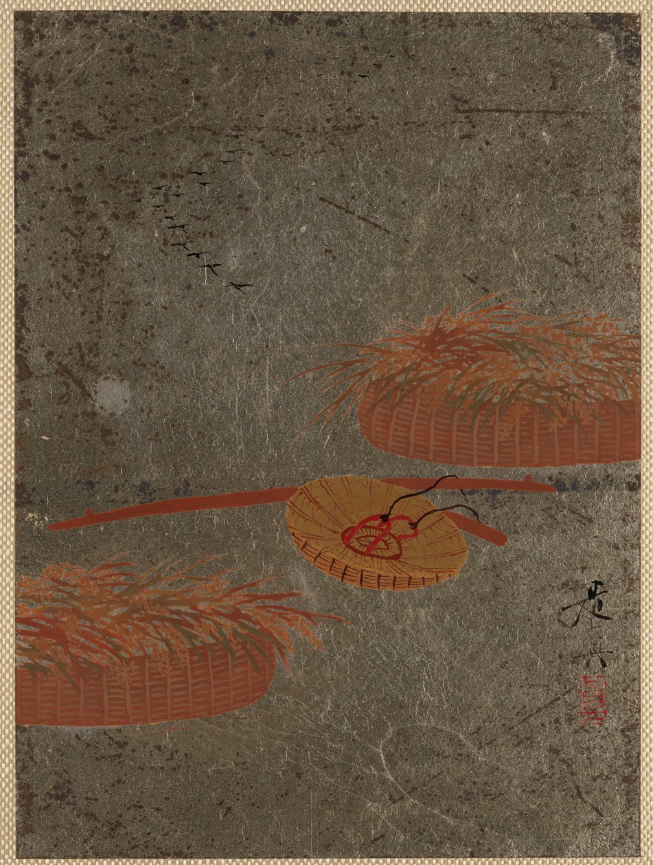 Bloemenmanden en boerenhoed, ca. 1880s door Shibata Zeshin
