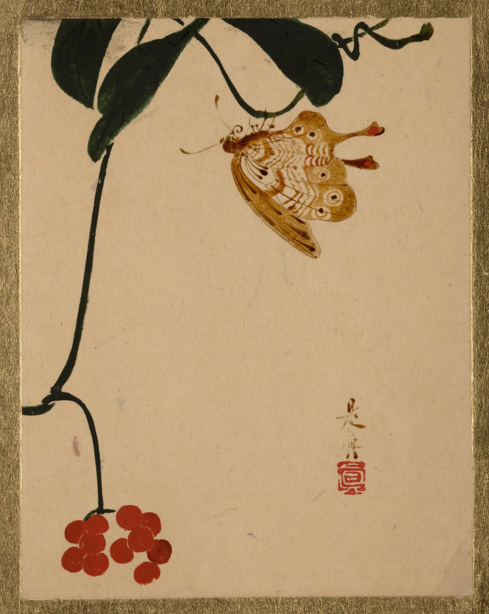 Rode Bessenplant en Vlinder door Shibata Zeshin