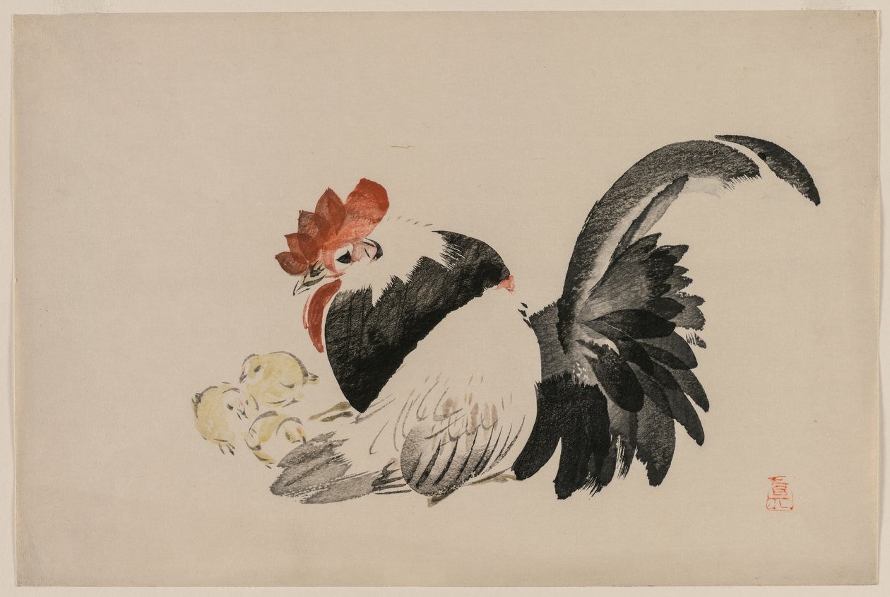 Haan, Hen en Kuikens, ca. 1880s door Shibata Zeshin