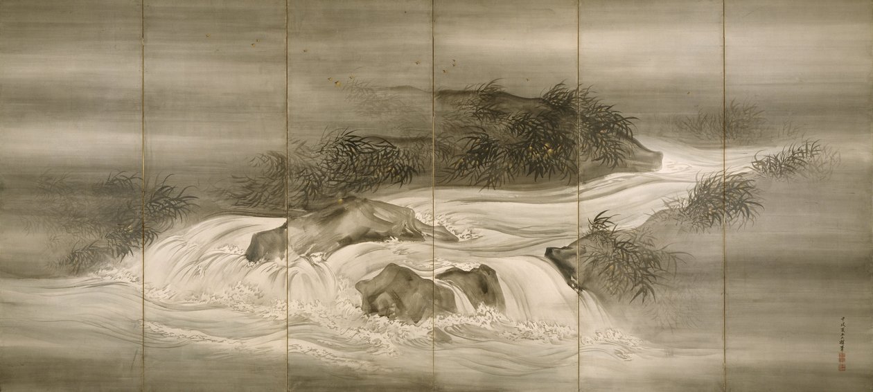 Rivierlandschap met vuurvliegjes door Shiokawa Bunrin