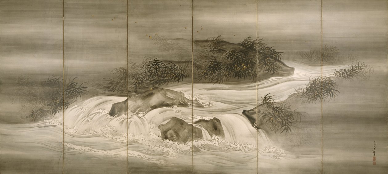 Rivierlandschap met Vuurvliegjes, 1874 door Shiokawa Bunrin