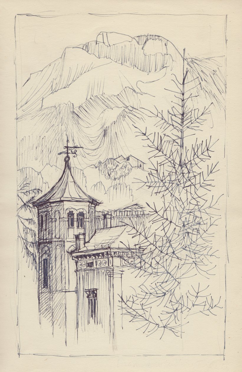 Kerk en bergen, Italië door Shirley Markham
