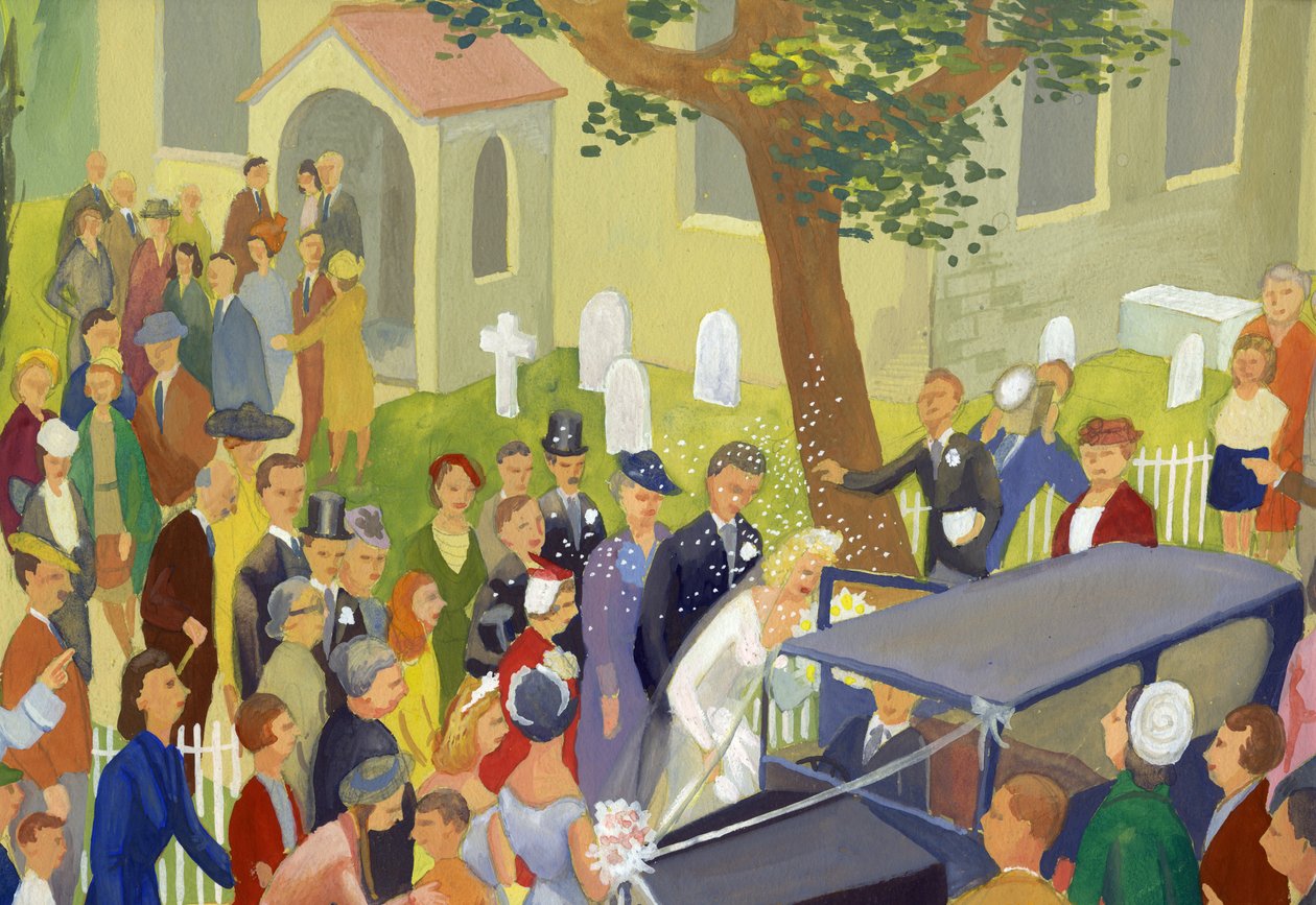 Bruiloftsgroep op kerkhof, c1948 door Shirley Markham