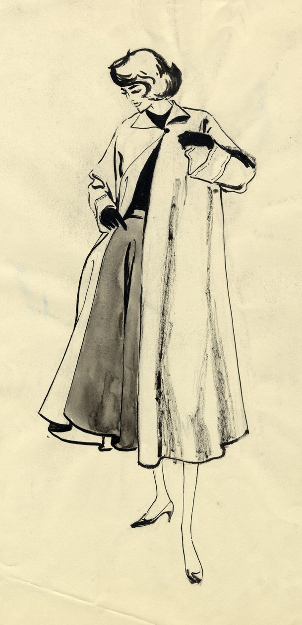 Vrouw in jas en volle rok, ca. 1950 door Shirley Markham