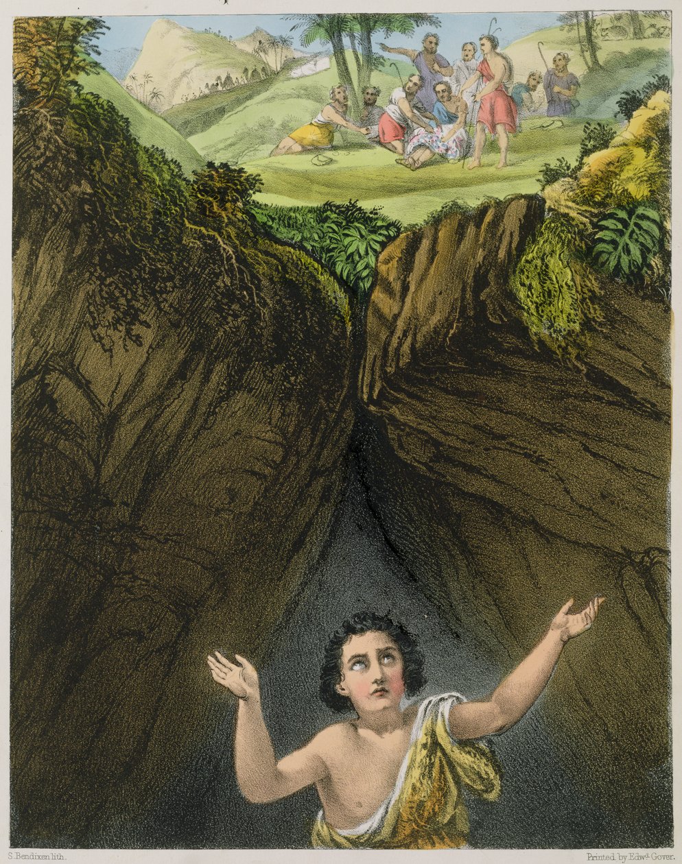 Jozef in de Put geworpen door zijn Broers, uit een bijbel gedrukt door Edward Gover, 1870