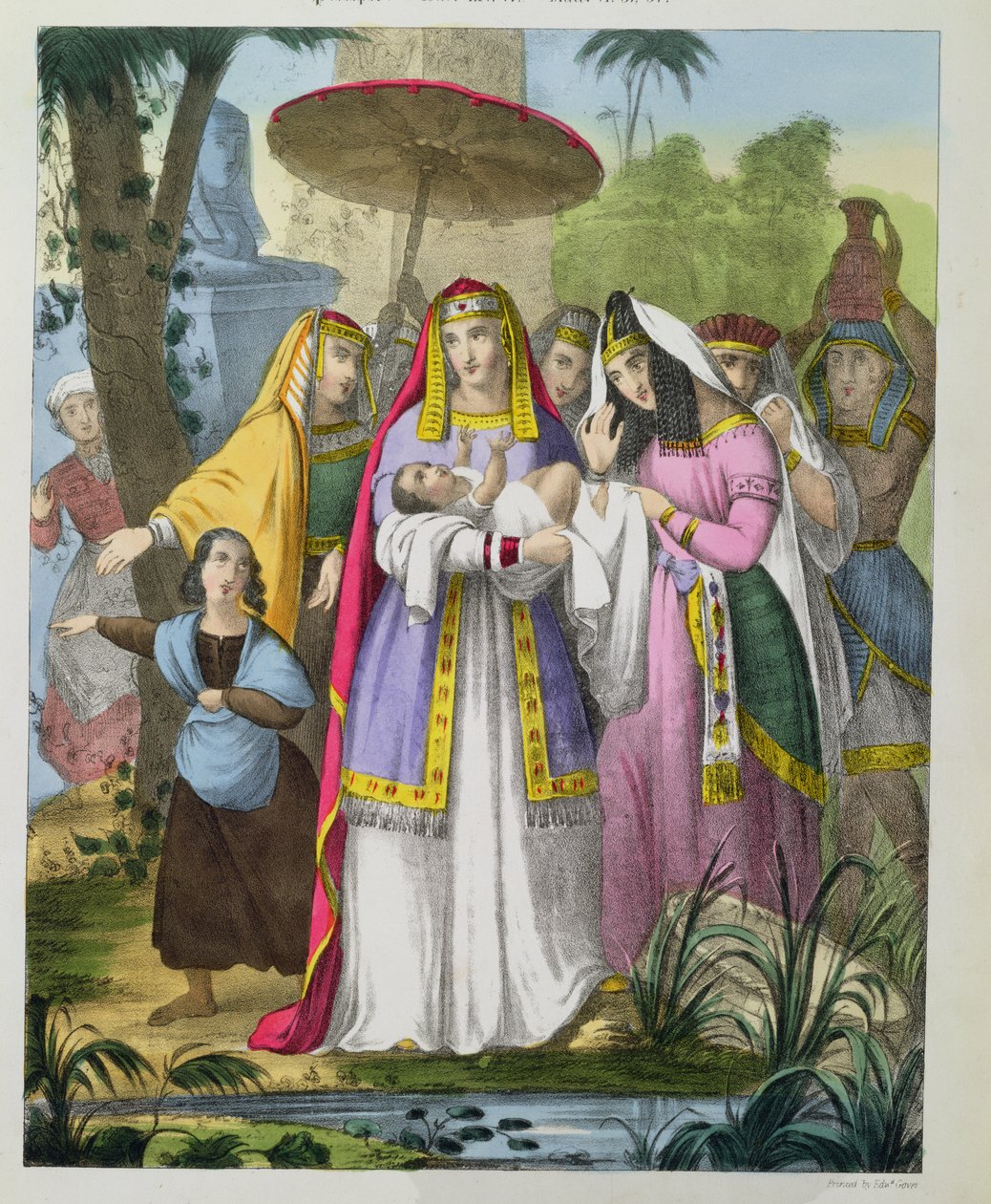 Mozes Gered door de Dochter van de Farao, uit een bijbel gedrukt door Edward Gover, 1870