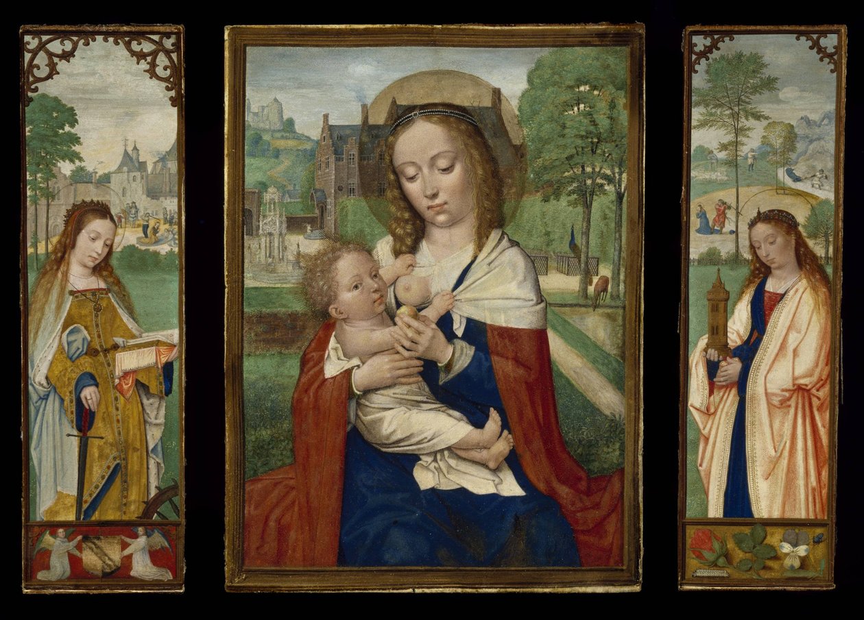 Maagd en Kind; Heiligen Catharina en Barbara door Simon Bening