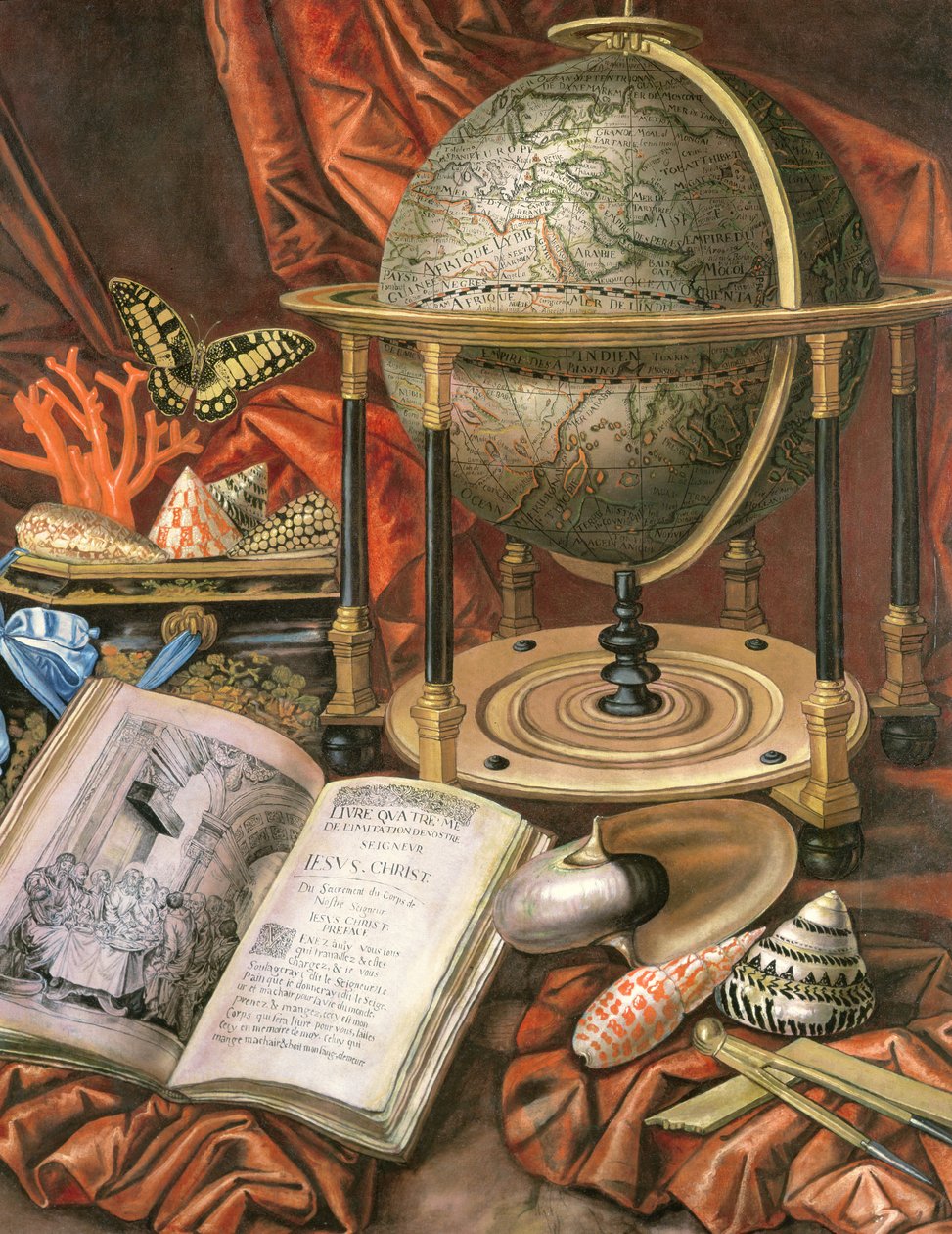 Stilleven met een globe, boeken, schelpen en koralen door Simon Renard de Saint Andre