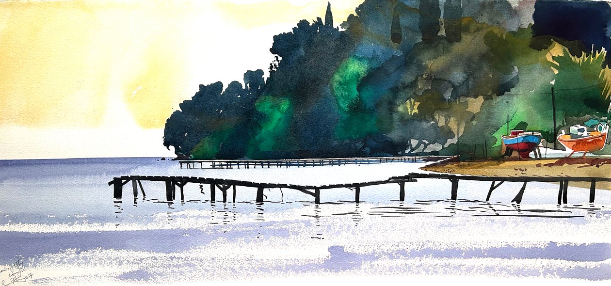 Korfu steigers, 2007 (aquarel) door Simon Fletcher