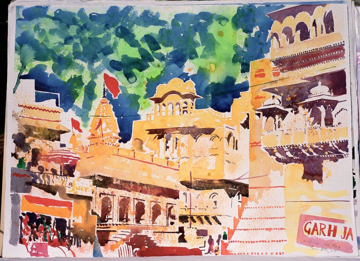 Jaiselmer rode vlag, 2007 (aquarel op papier) door Simon Fletcher