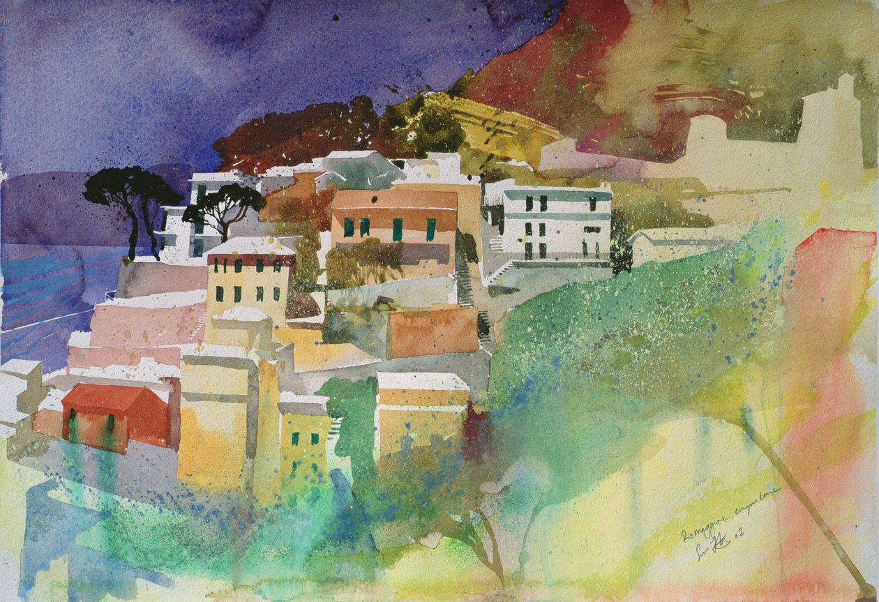 Riomaggiore cinqueterre, Italië, 2002 (aquarel) door Simon Fletcher
