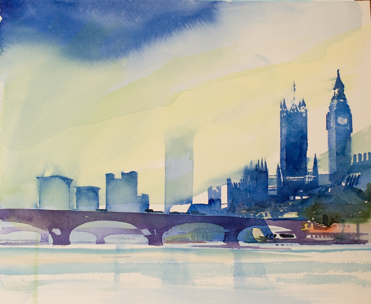Westminster vanaf de loopbrug, 2016 (aquarel) door Simon Fletcher