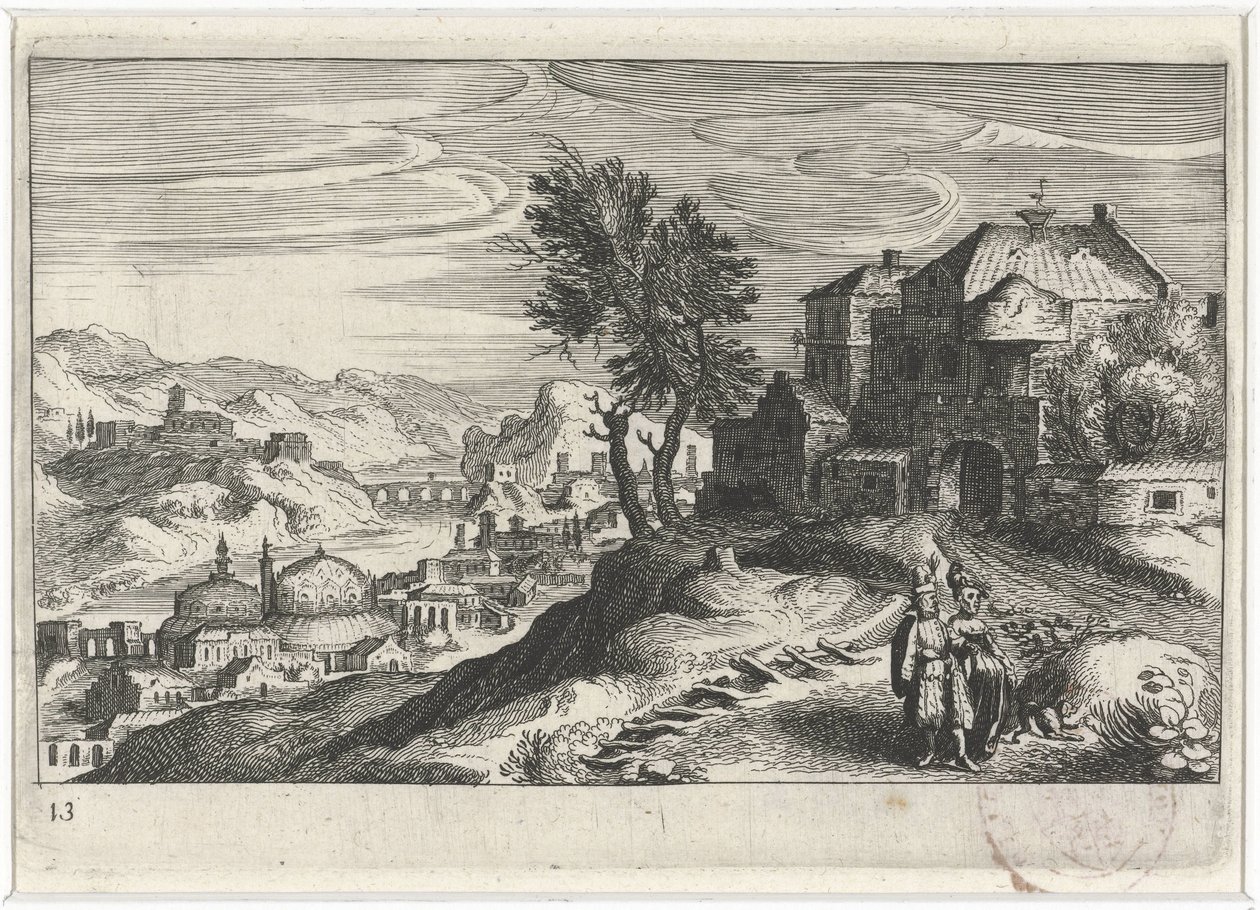 Rivierdal met bouwwerken Zuid-Europese landschappen (serie titel) Topographia variarum regionum (serie titel) door Simon Frisius
