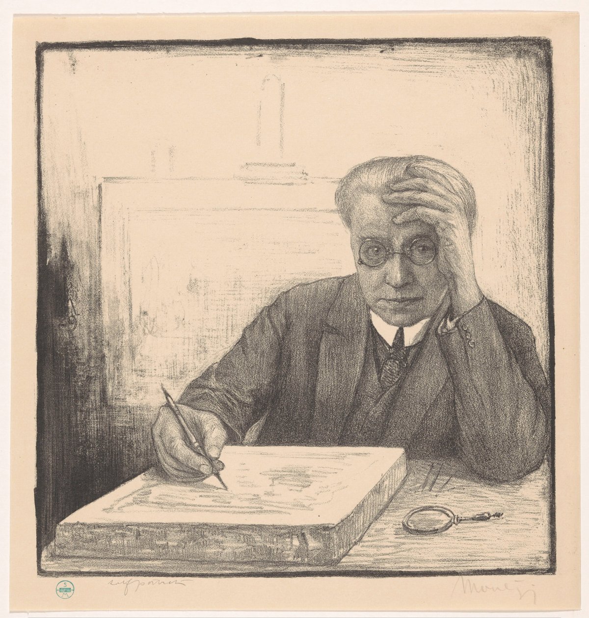 Zelfportret met lithosteen door Simon Moulijn (signed by artist)