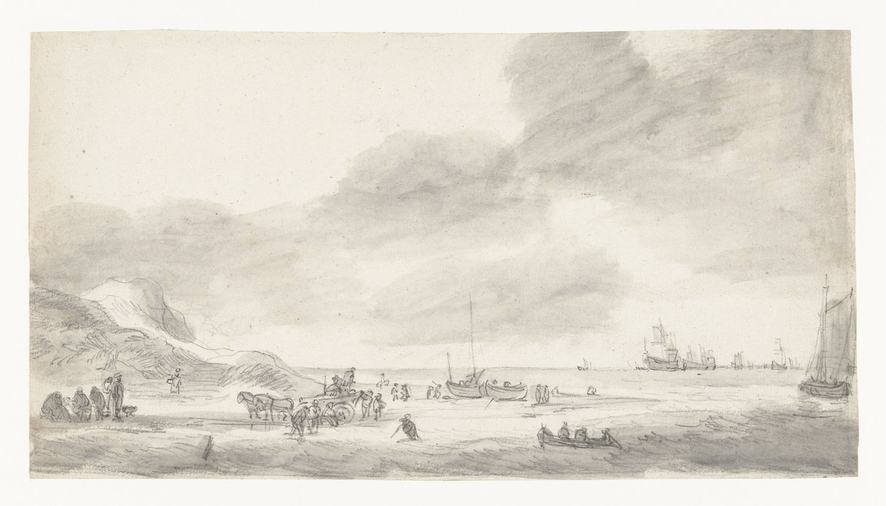 Strandgezicht met schelpenvissers en wandelaars door Simon de Vlieger (possibly)