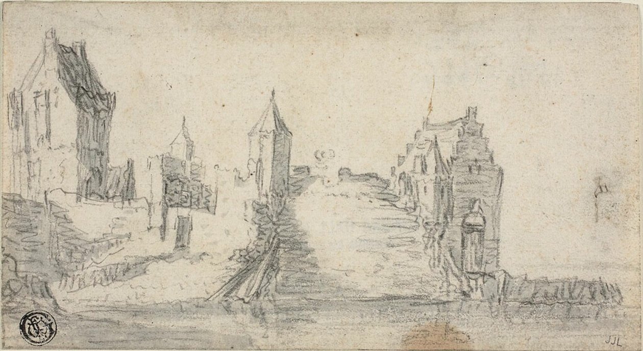 Versterkte gebouwen aan de waterkant door Simon de Vlieger