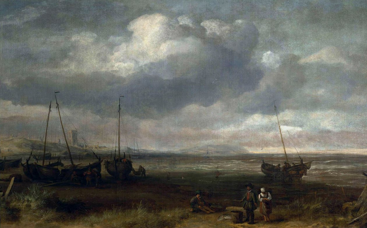 Kust in Scheveningen met vissersboten door Simon de Vlieger