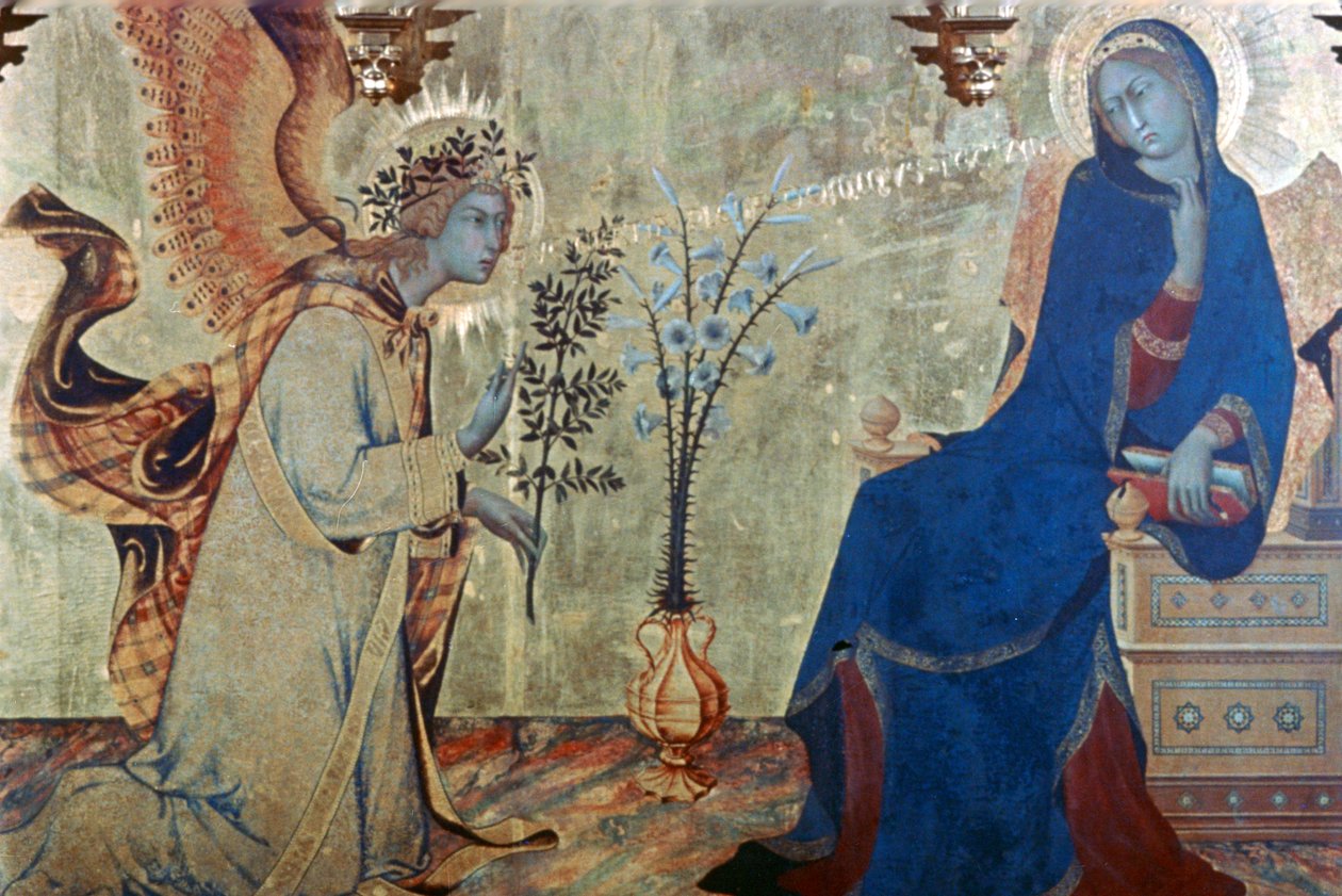De Annunciatie en twee heiligen (detail) door Simone Martini