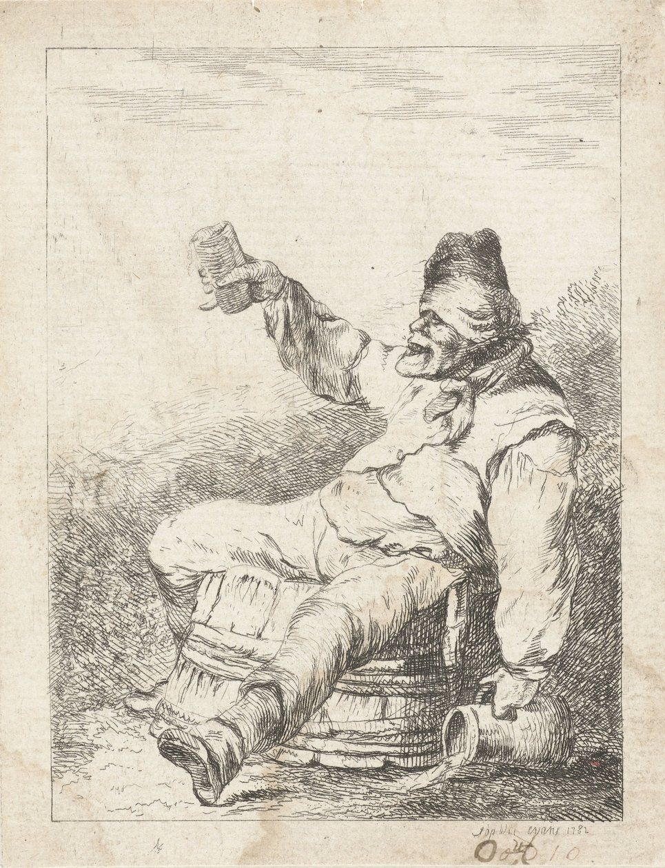 Dronken man zittend op een vat door Sophia Wilhelmina Evans